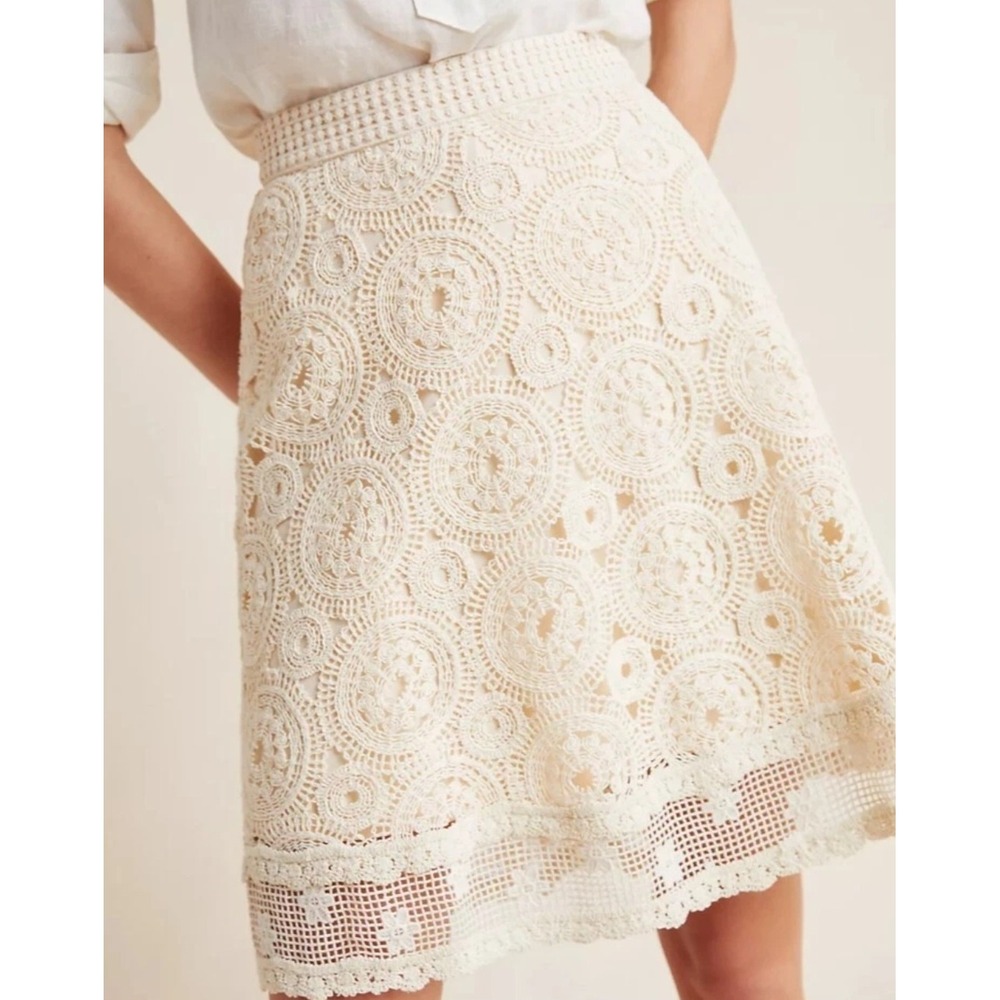 Maeve Anthropologie Crochet Lace A-Line Skirt Cream Romantic Boho Cottagecore 6